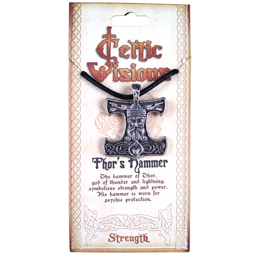 Thor's Hammer pendant on a 'Celtic Visions' card with descriptive text.