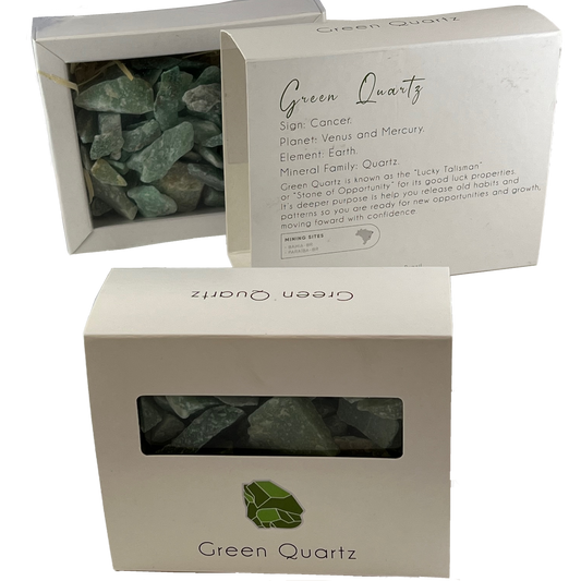 green quartz raw stones in pre-packaged box