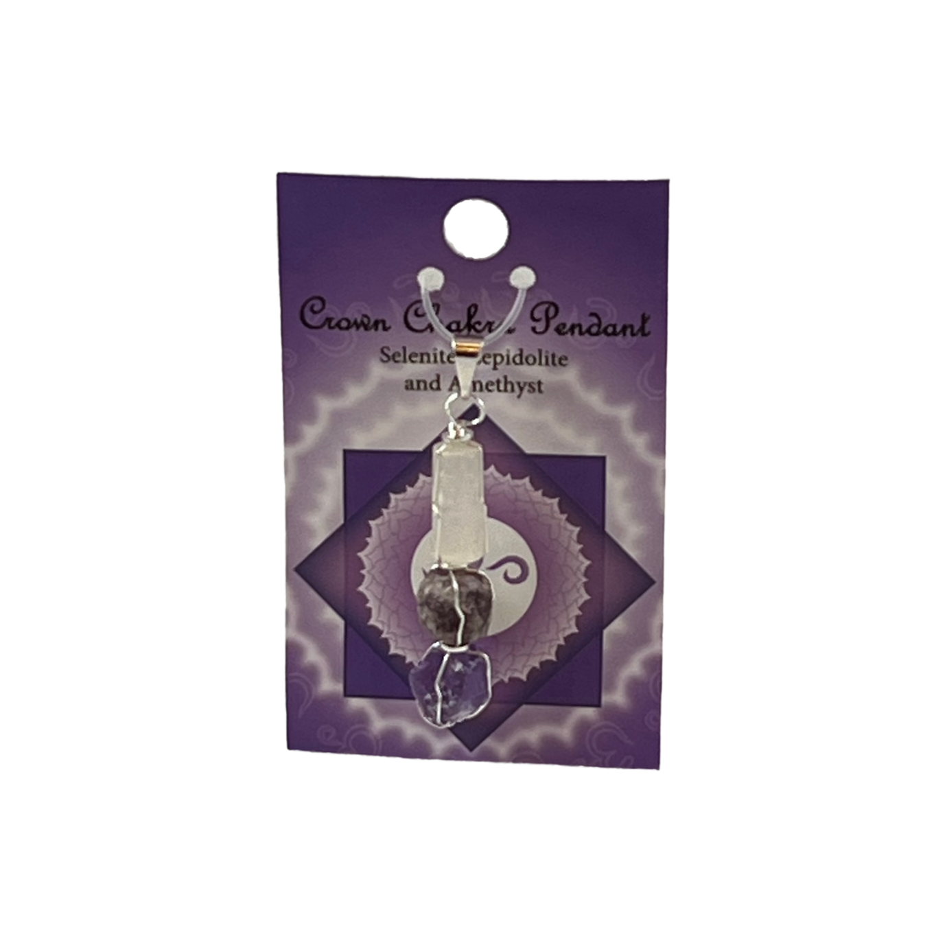 crown chakra pendant 2.5" selenite, lepidolite, amethyst