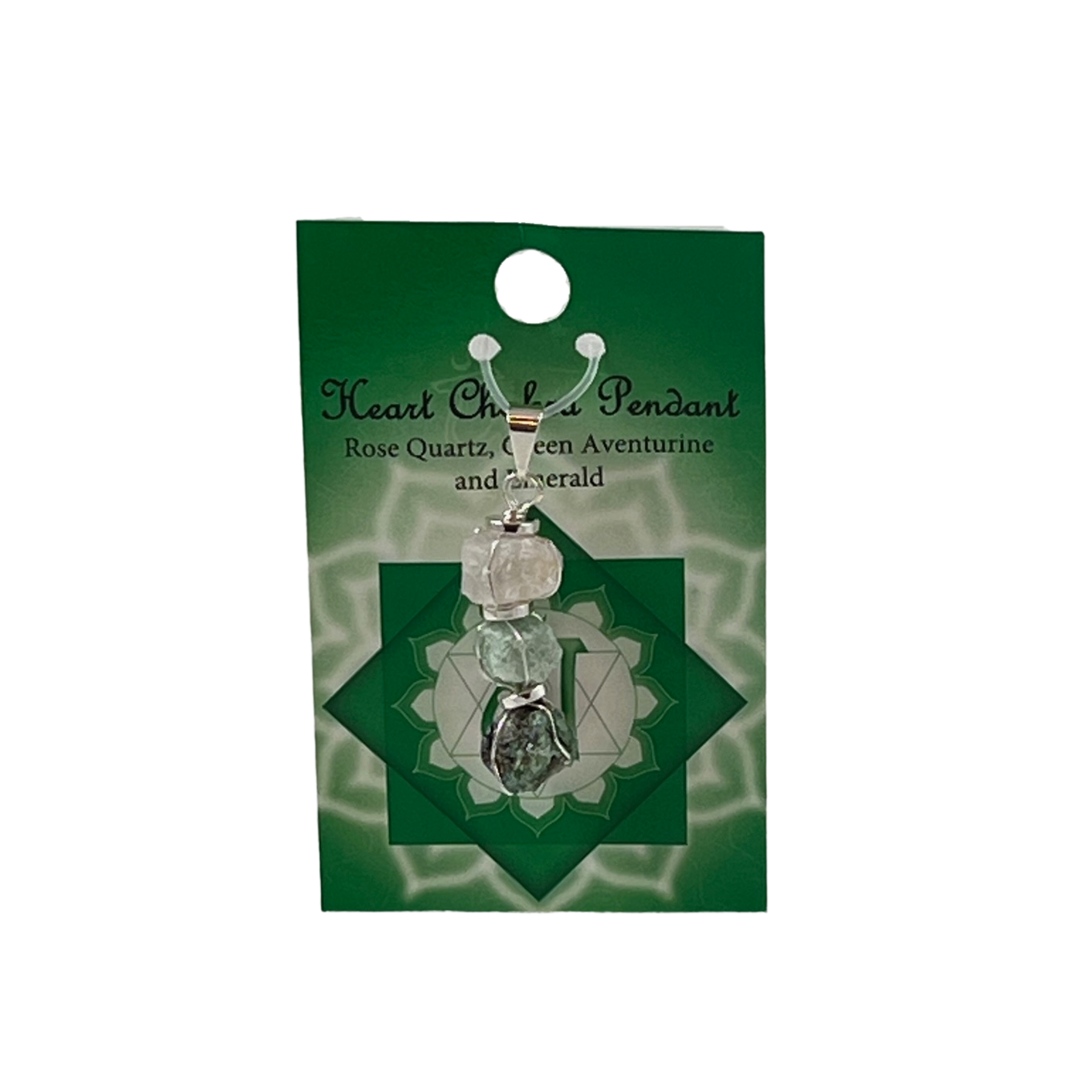 heart chakra pendant 2.5". rose quartz, aventurine, emerald