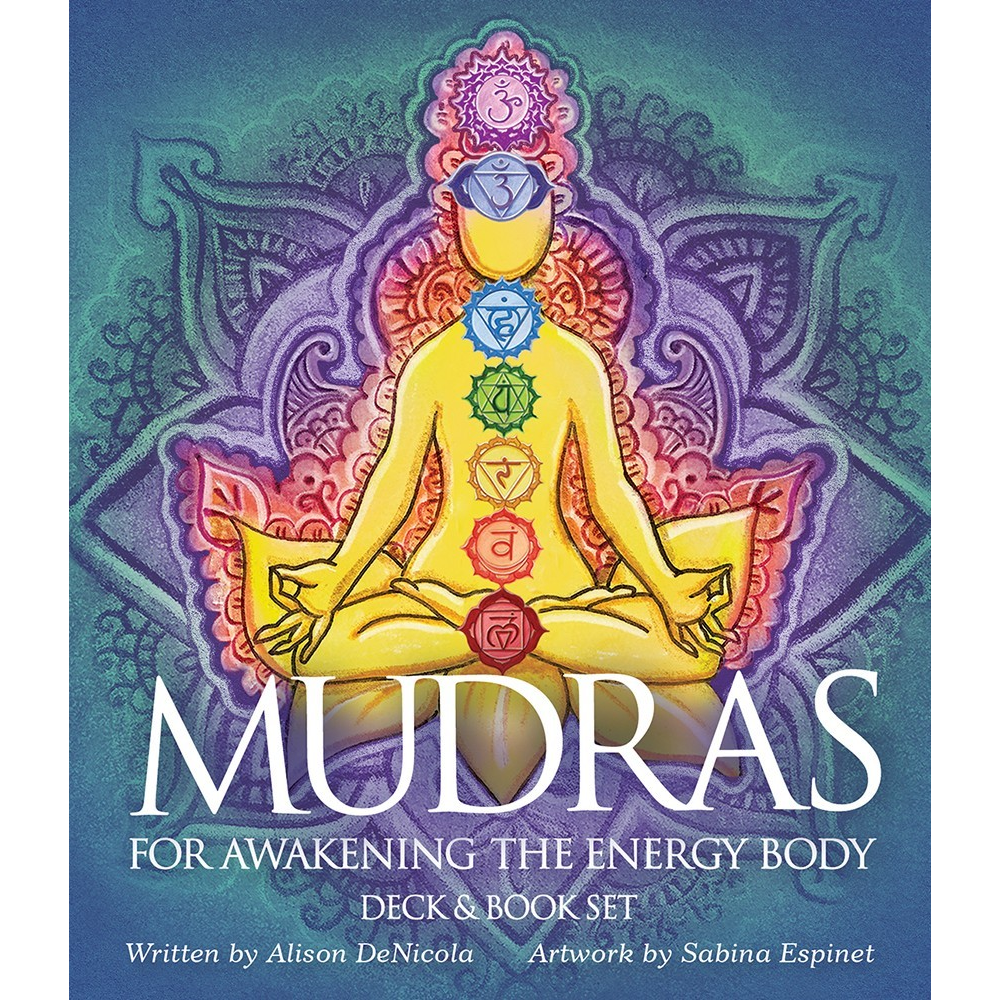 Book cover of 'Mudras for Awakening the Energy Body' with a colorful illustration of a person in meditation.