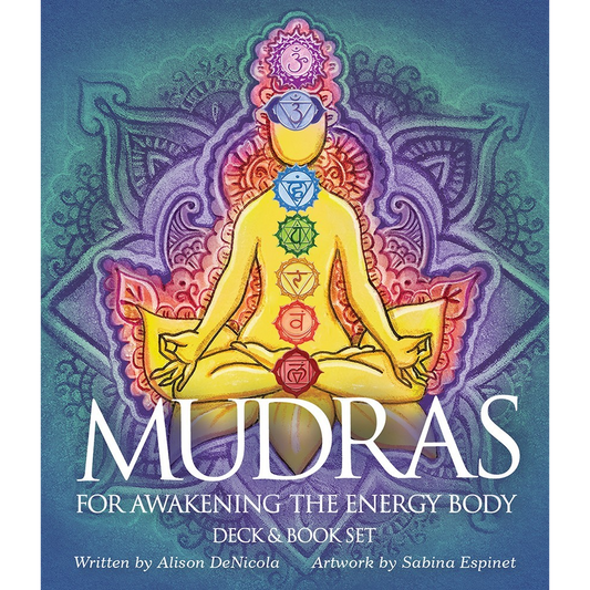 Book cover of 'Mudras for Awakening the Energy Body' with a colorful illustration of a person in meditation.