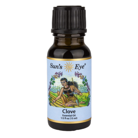 Bottle of Sun's Eye Clove Essential Oil on a white background