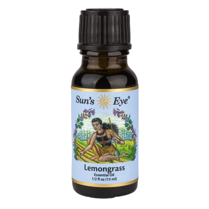 Sun's Eye Lemongrass essential oil bottle on a white background