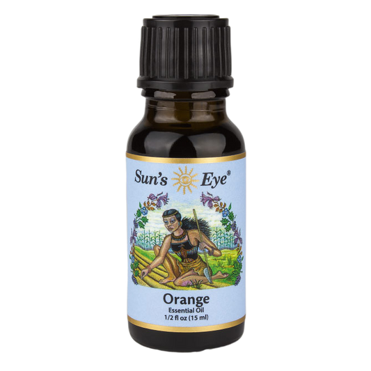 Sun's Eye Orange essential oil bottle on a white background