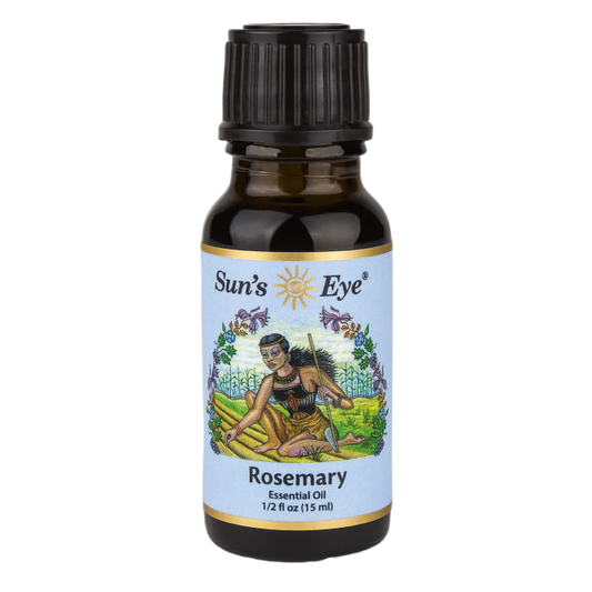 Sun's Eye Rosemary essential oil bottle on a white background