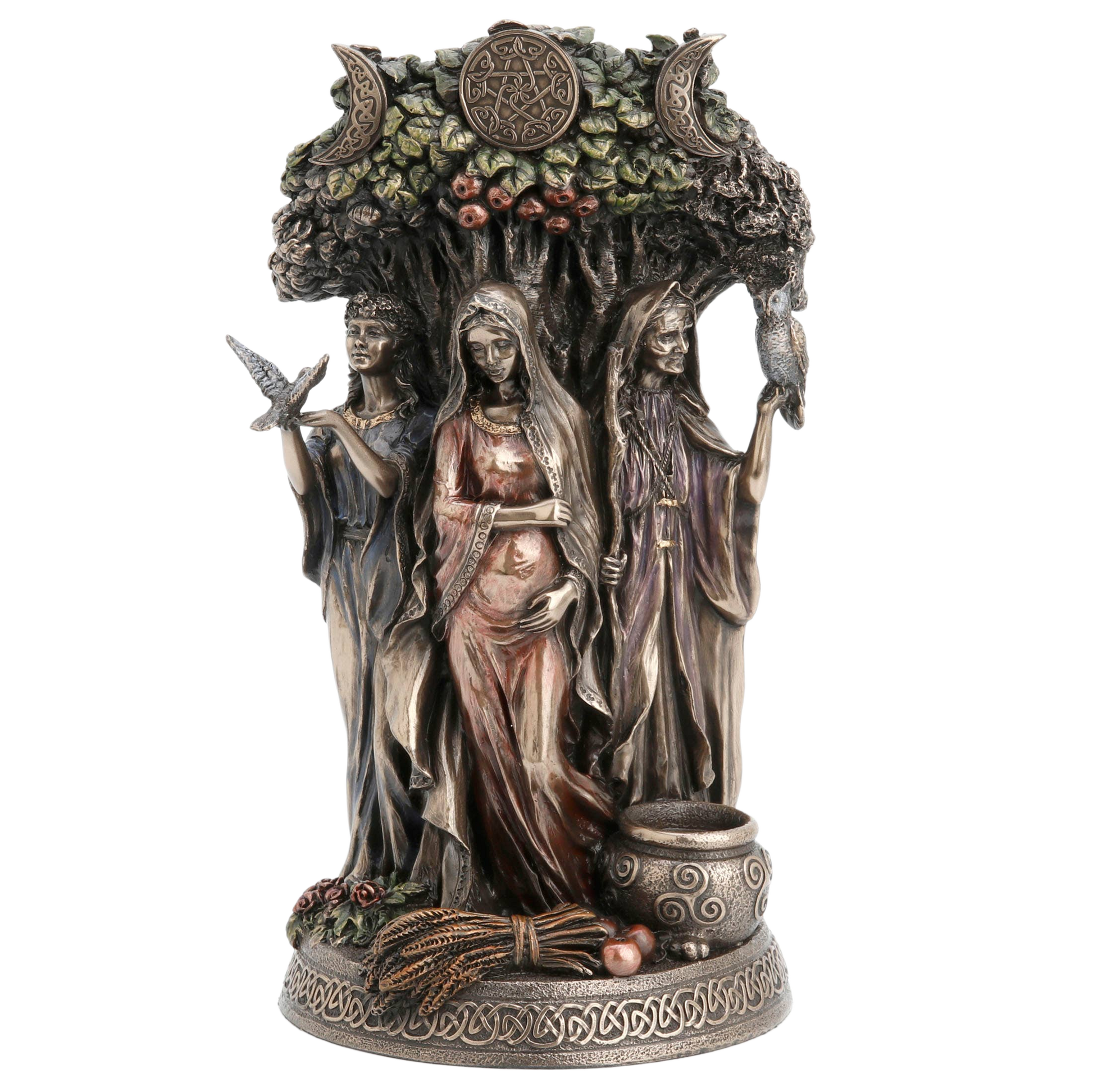 A detailed fantasy figurine of three goddesses under a tree with moon phases and berries, on a decorative base with a cauldron and wheat, shown against a plain white background.