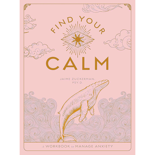 workbook cover of 'Find Your Calm' with a whale illustration on a pink background