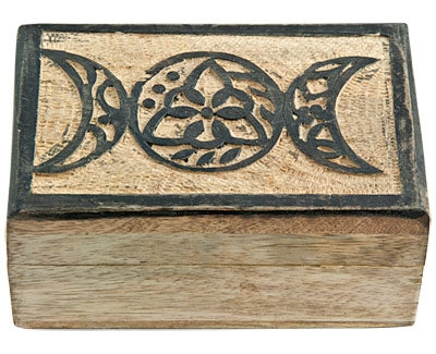 Triple Moon Carved Wood Box (4 x 6")