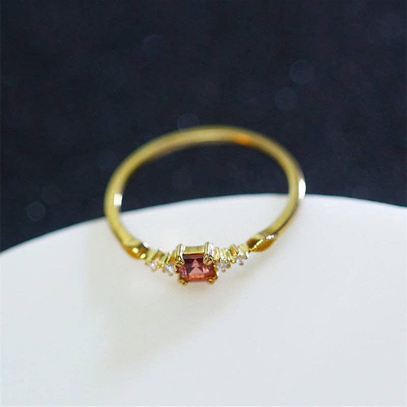 Ring - Gold Vintage Garnet Stone Thin Band Sterling Silver