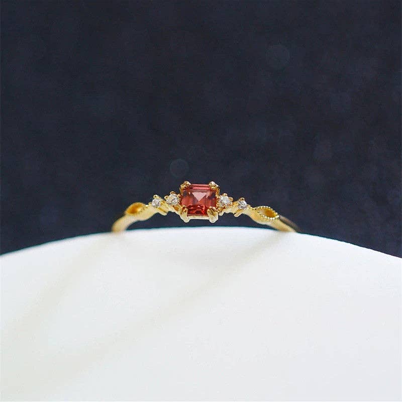 Ring - Gold Vintage Garnet Stone Thin Band Sterling Silver