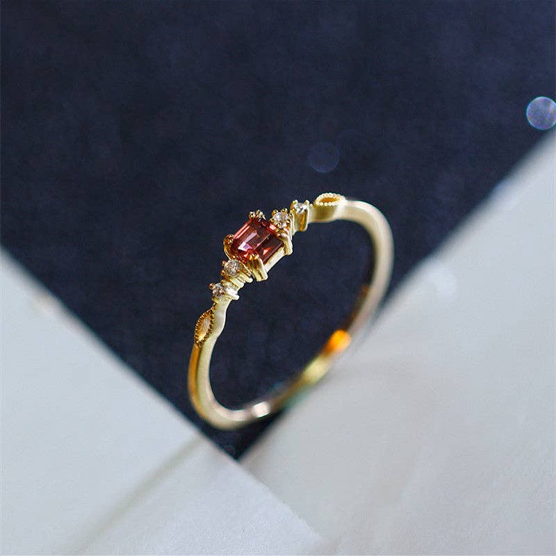 Ring - Gold Vintage Garnet Stone Thin Band Sterling Silver