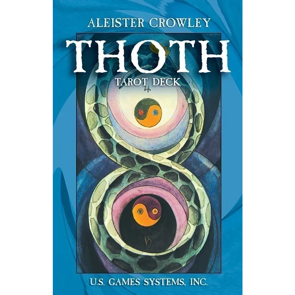 Book cover of 'Thoth Tarot Deck' by Aleister Crowley with a blue background and eye design.