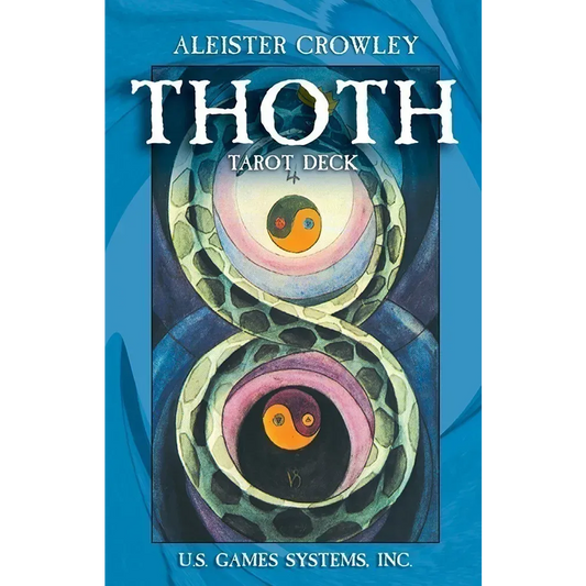 Book cover of 'Thoth Tarot Deck' by Aleister Crowley with a blue background and eye design.