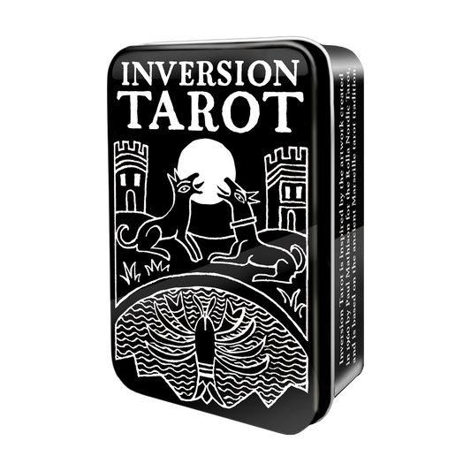 Inversion Tarot card packaging with black and white design on a white background