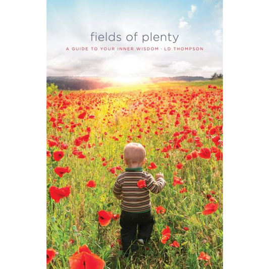 cover of fields of plenty, child running through field of poppies