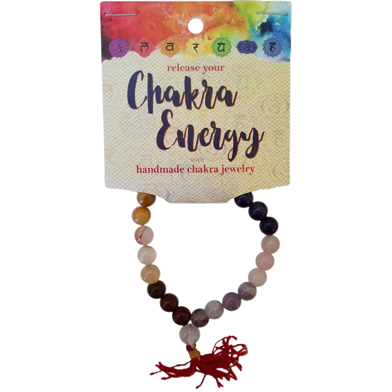 Chakra energy bracelet on a branded card with colorful design
