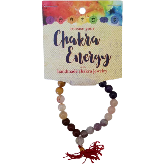 Chakra energy bracelet on a branded card with colorful design
