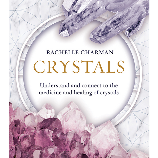 Book cover of 'Crystals' by Rachelle Charman with crystal imagery on a white background