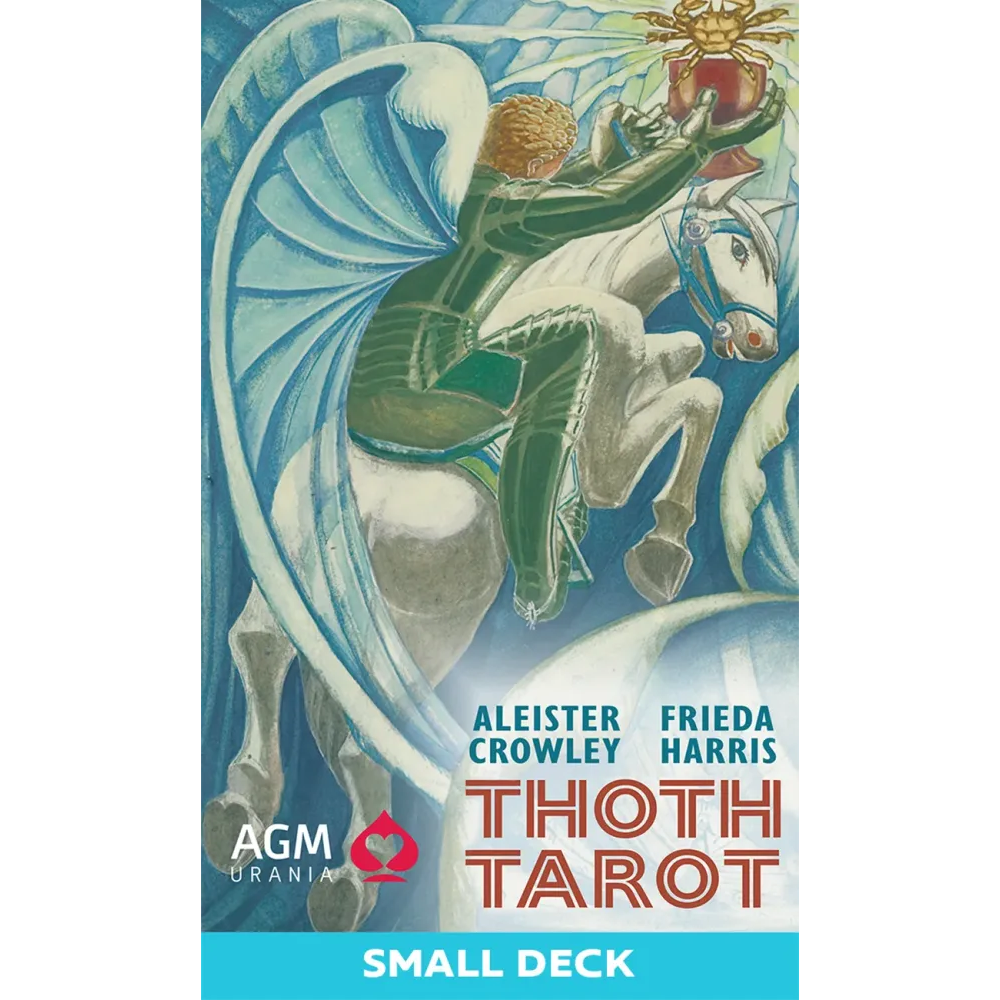 Thoth Tarot card deck cover with artwork of a winged figure on a horse, AGM Urania logo, and text by Aleister Crowley and Frieda Harris.
