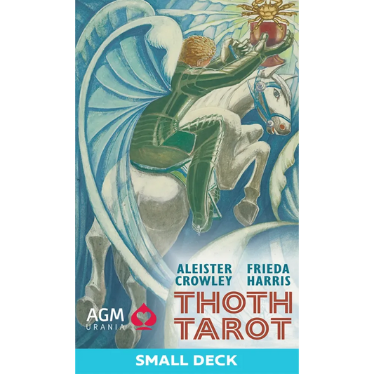 Thoth Tarot card deck cover with artwork of a winged figure on a horse, AGM Urania logo, and text by Aleister Crowley and Frieda Harris.