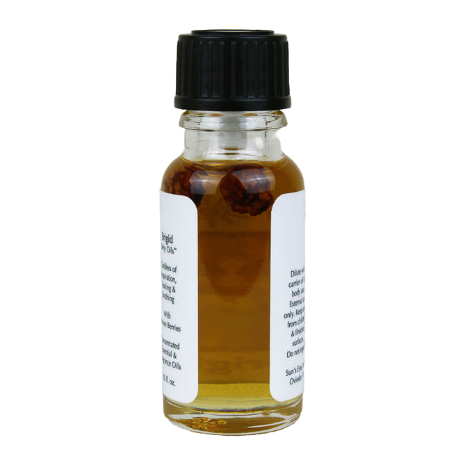 Small glass bottle with black cap and white label on a white background