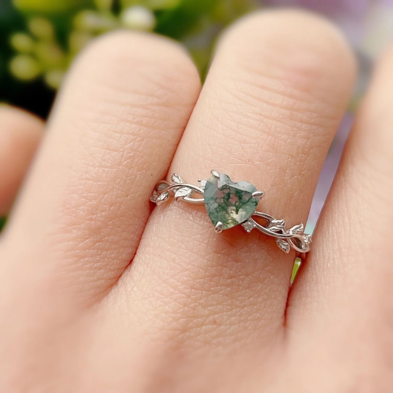 Ring - Heart Moss Agate with Leaf Sterling Silver