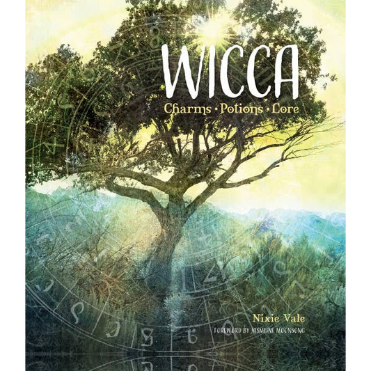 Book cover of 'Wicca: Charms, Potions, Lore' with a tree and astrological symbols.