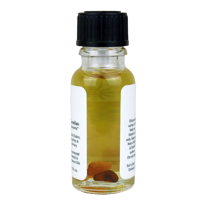 Small glass bottle with black cap and white label on a white background with carnelian chips