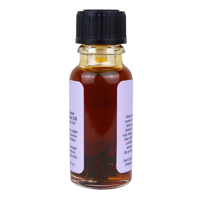 Small glass bottle with black cap and white label on a white background