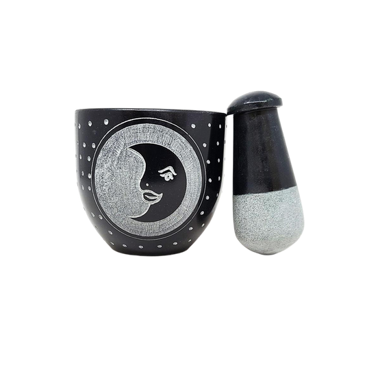 Moon Carved Black Soapstone Mortar & Pestle 3"W x 3"H