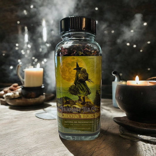wild mountain witches brew tea in glass jar