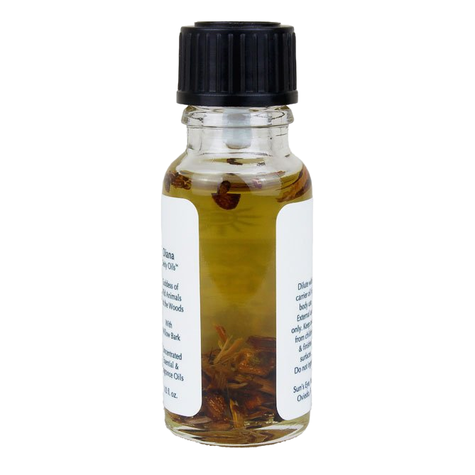 Small glass bottle with a black cap containing a liquid and herbs on a white background