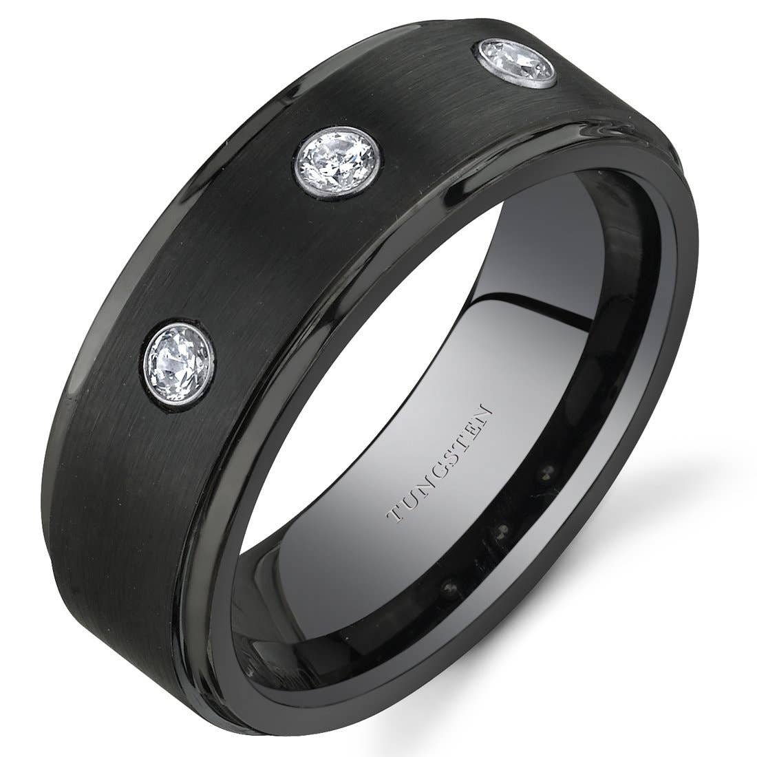 black tungsten ring with 3 cubic zirconia

