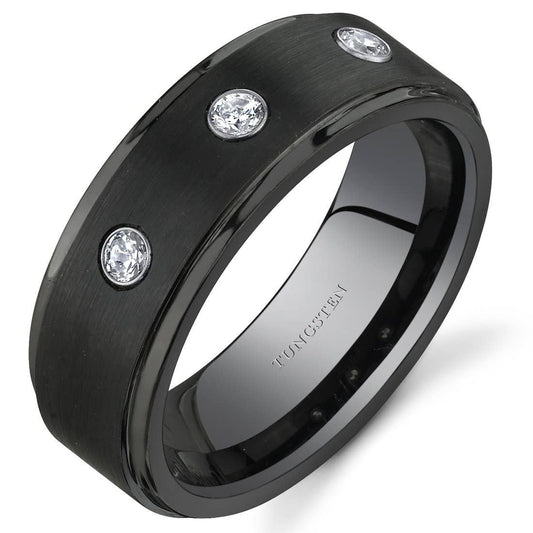 black tungsten ring with 3 cubic zirconia
