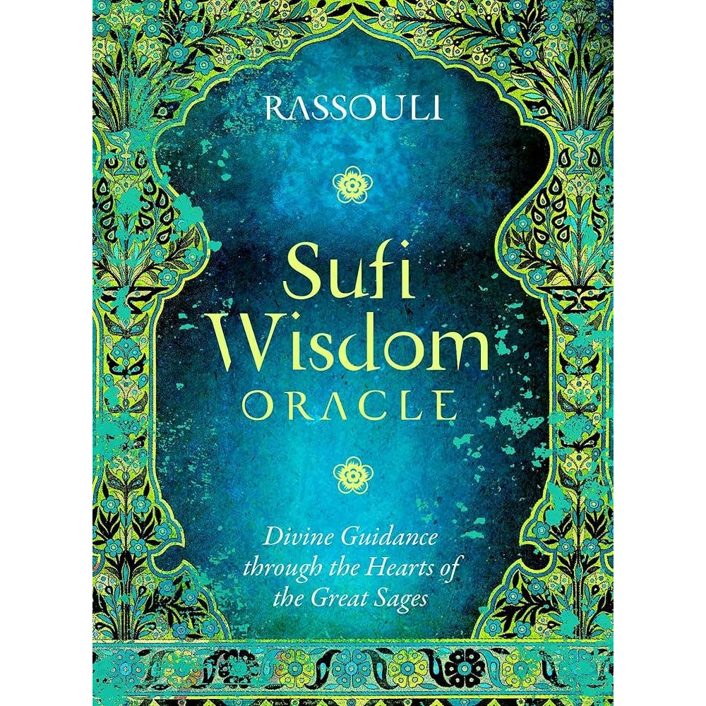 Book cover of 'Sufi Wisdom Oracle' by Rassouli, featuring a dark teal and blue central field with ornate gold and turquoise decorative border motifs and white and gold title text.