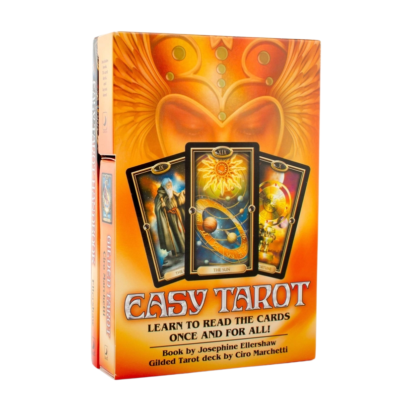Easy Tarot deck box on a plain white background, featuring a bright orange and yellow cover with three illustrated tarot cards and the title 'EASY TAROT' in large red letters.