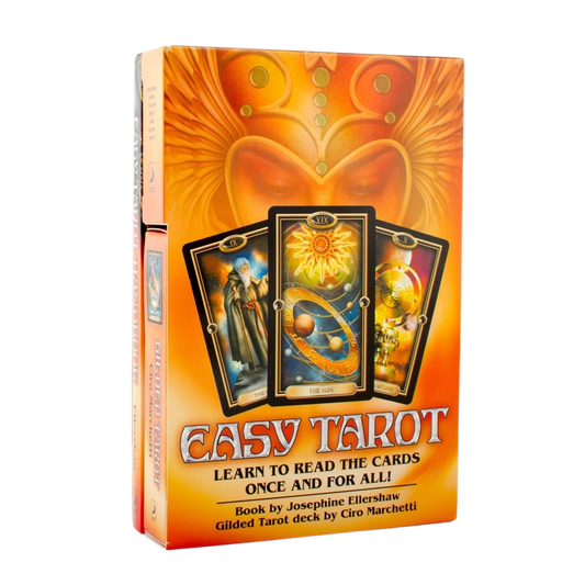Easy Tarot deck box on a plain white background, featuring a bright orange and yellow cover with three illustrated tarot cards and the title 'EASY TAROT' in large red letters.