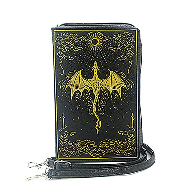 Black pouch with yellow dragon design 