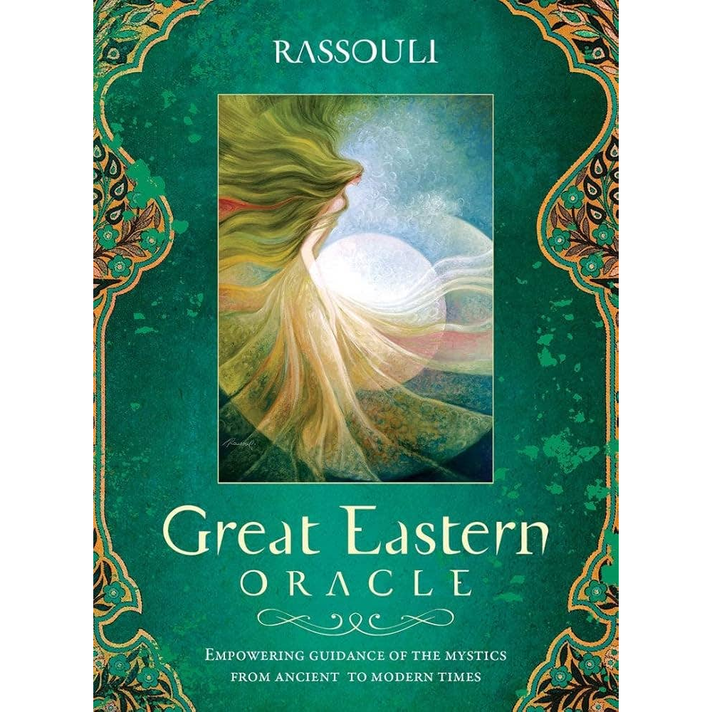 Front cover of the 'Great Eastern Oracle' card deck by Rassouli, featuring a dark teal-green background with ornate gold and green borders, and a central illustration of a flowing-haired figure in a white dress.