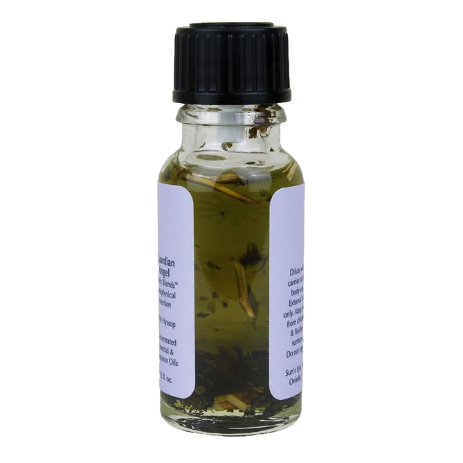 Small glass bottle with a black cap containing liquid and herbs on a white background