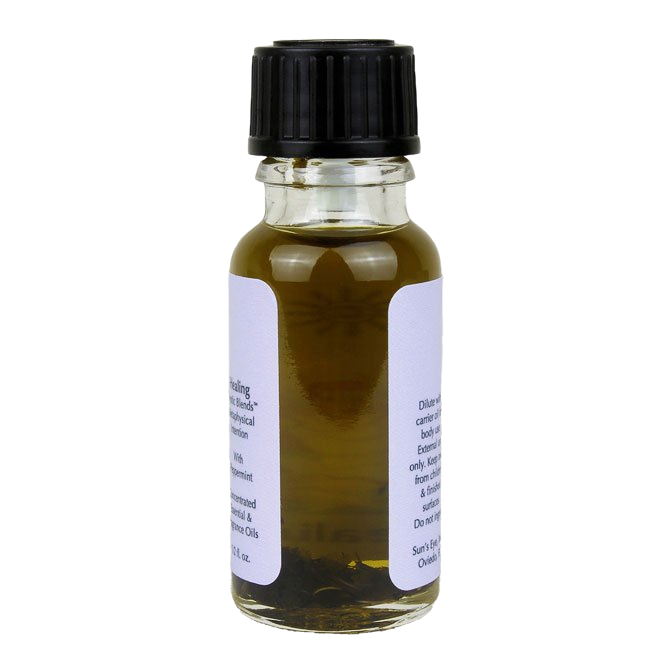 Small glass bottle with black cap and white label on a white background