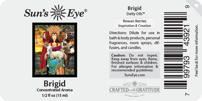 Sun's Eye Brigid Delfy Oils label with artistic depiction and product details.