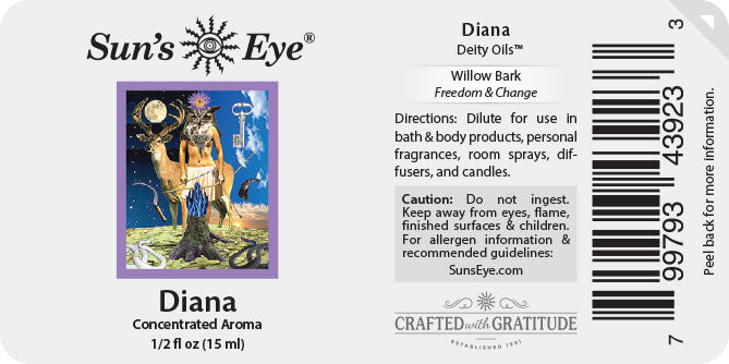 Sun's Eye Diana diffuser oil label with product details and branding.
