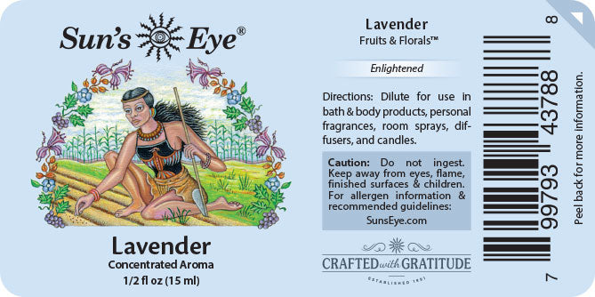 Sun's Eye lavender fragrance label with artistic design and text.