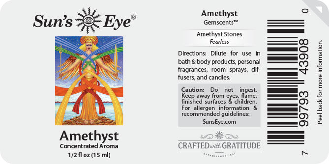 Sun's Eye Amethyst gemstone label with product details and branding.