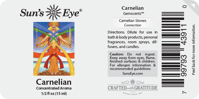 Sun's Eye Carnelian label with artistic depiction and product details