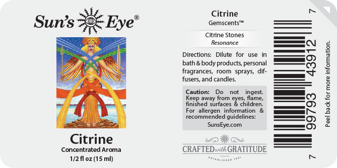 Sun's Eye Citrine Gemscents label with product information and branding.