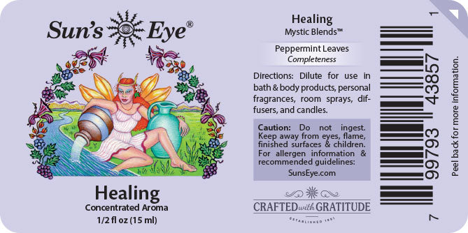 Sun's Eye Healing Mystic Blends label with fairy illustration and product details.