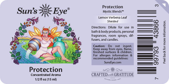 Sun's Eye Protection Mystic Blends label with fairy illustration and product details.
